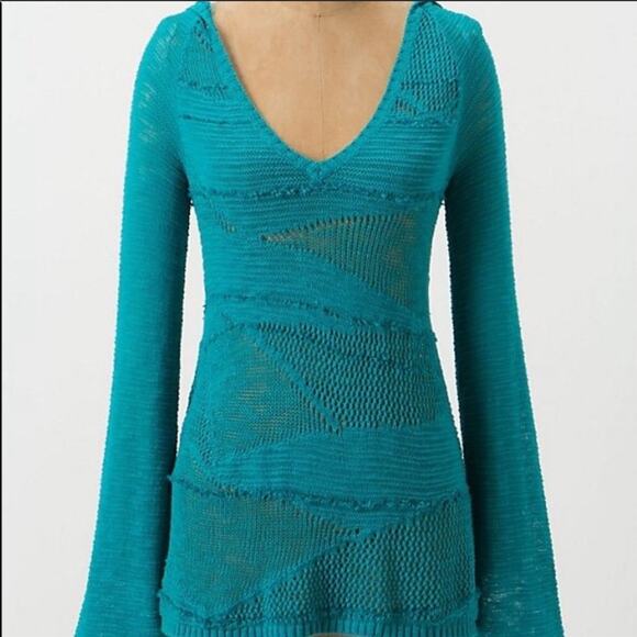 ANTHROPOLOGIE Turquoise Blue Patched Heather Hoodie VNeck Open Weave Sweater XS - Picture 11 of 11